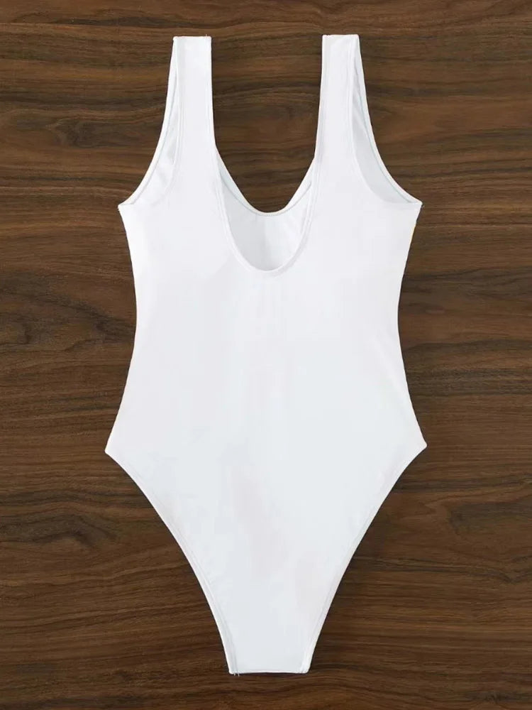 Solid Patchwork Strapped Swimwear Women High Cut One Piece Swimsuit Monokini Backless Beach Bathing Suit