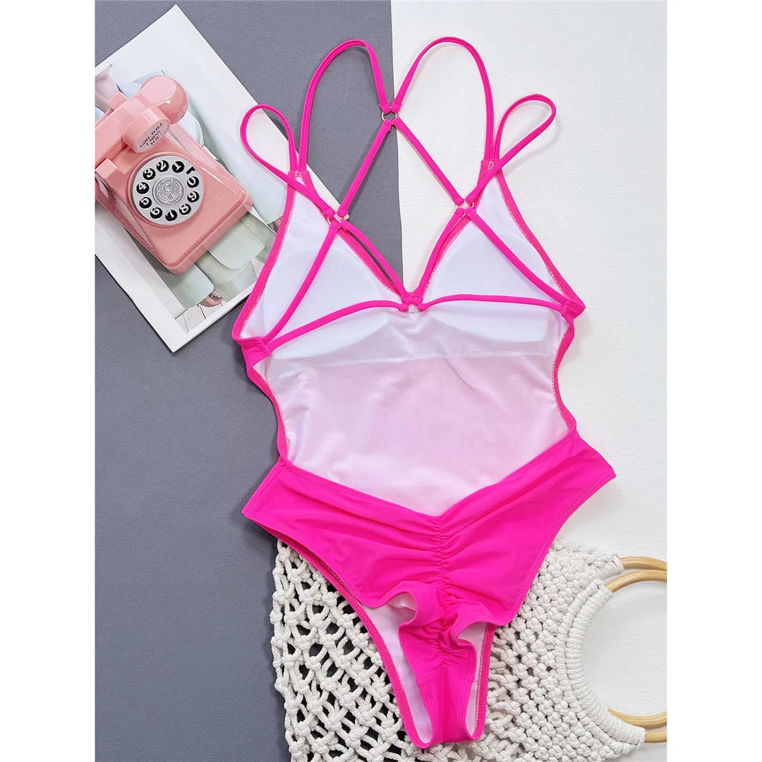 S - XL V Neck Cross Back Scrunch Butt Women Swimwear One Piece Swimsuit Female Monokini High Cut Bather Bathing Suit Swim V4550