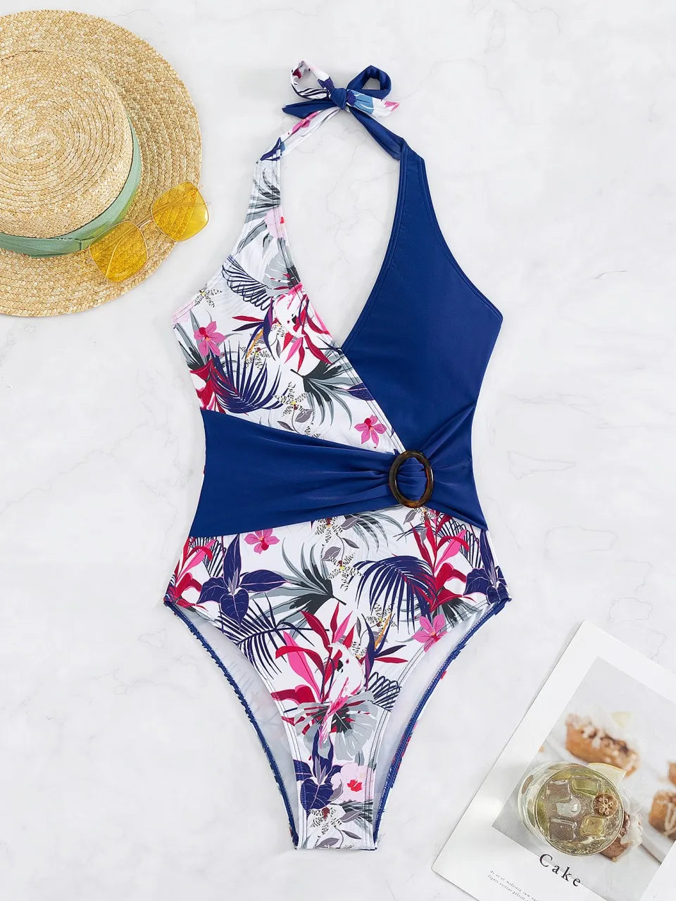 Halter Swimsuit Women One Piece Patchwork Backless Swimwear Female Monokini Bathing Swimming Suit Padded Beachwear