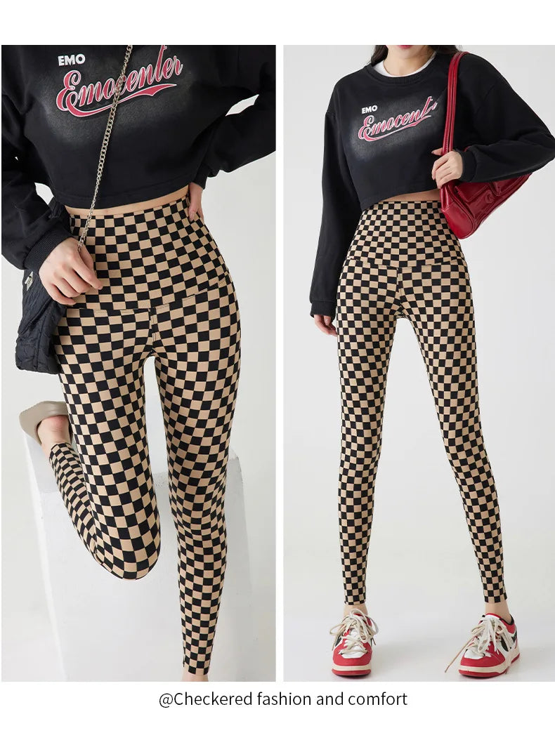 Checkerboard Plaid Shark Leggings Women High Waist Tight Slim Push Up Leggings Seamless Sports Fitness Leggings