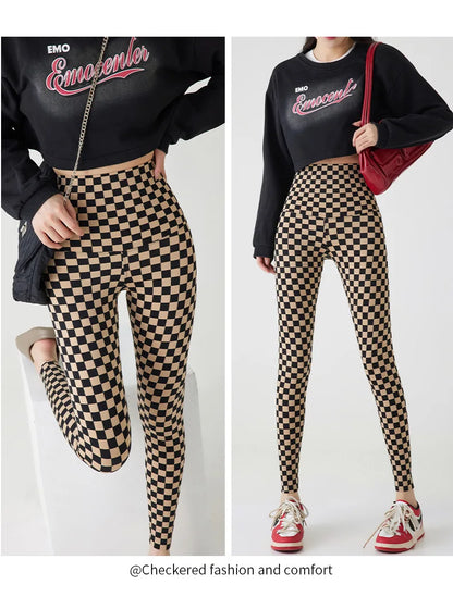 Checkerboard Plaid Shark Leggings Women High Waist Tight Slim Push Up Leggings Seamless Sports Fitness Leggings