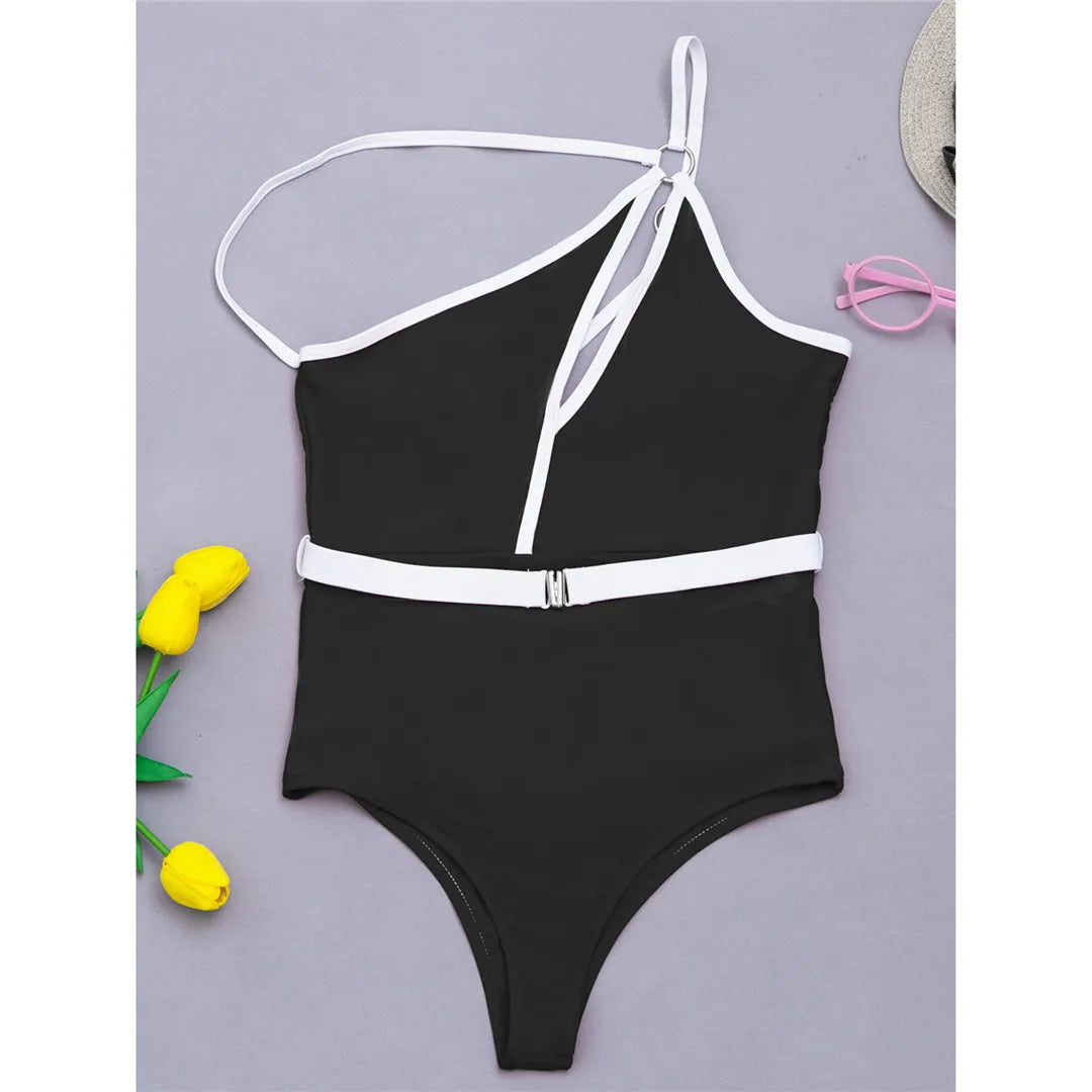Splicing Asymmetric Backless Monokini Women Swimwear One Piece Swimsuit Female One Shoulder Bather Bathing Suit Swim