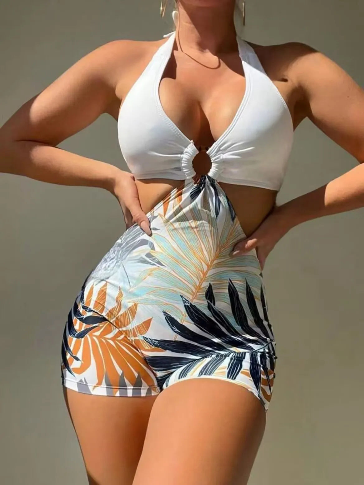 Halter Swimsuit One Piece Swimwear Women Ring Linked Monokini Bathers Bathing Swimming Swim Suit Female Beachwear