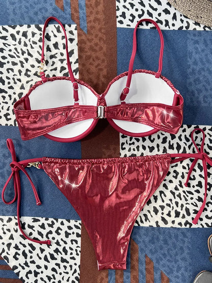 Shiny PU Leather Underwired Bra Cup Bikini Women Swimwear Female Swimsuit Two-pieces Bikini Set Push Up Bathing Suit Swim Lady
