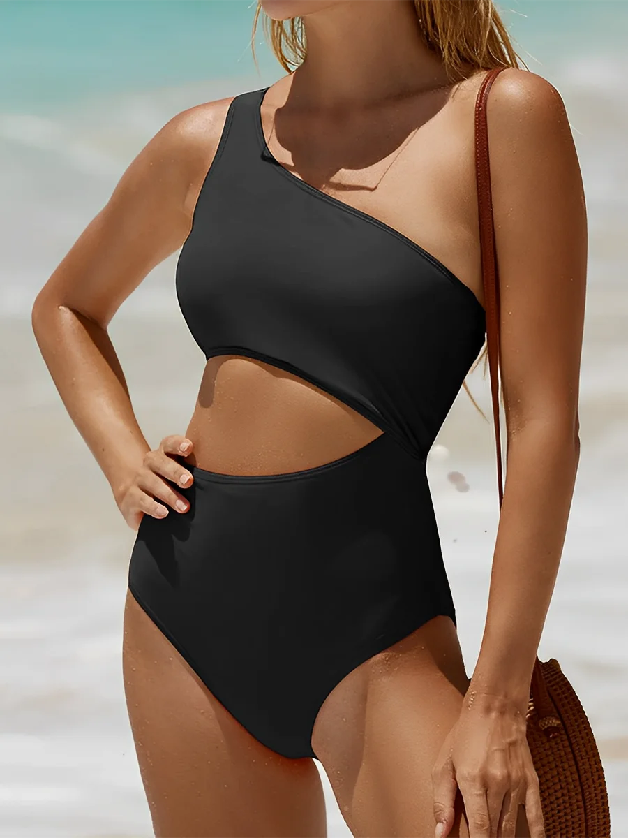 One Shoulder Swimsuit Women One Piece Solid Hollow Swimwear Female Bathers Bathing Swimming Swim Suit Beachwear XXL