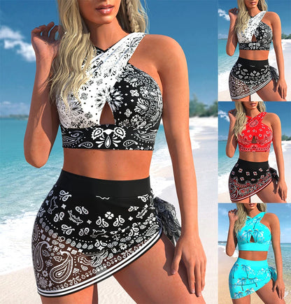 Beach Women's Bikini Two Piece Swimming Suit Water Drop Print Cross Tie Beach Suit S-6XL