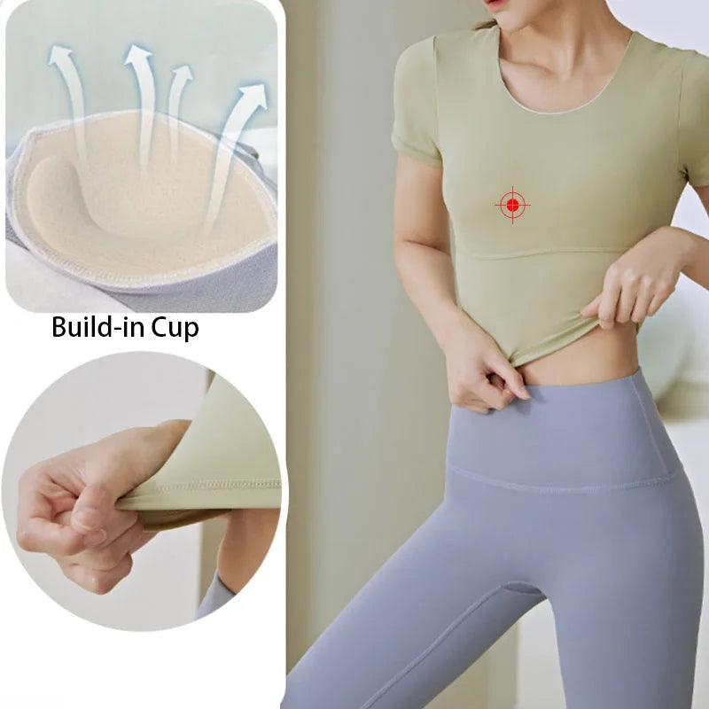 Yoga Short Sleeve with Build-in Cup Yoga Crop Tops Gym Crops Pilates Workout Top Fitness Active Wear Crisscross Back