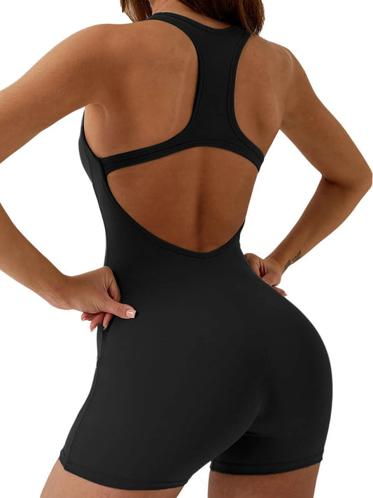 Backless Jumpsuit Women Tummy Control One Piece Bodycon Stretch Shorts Tank Top Sleeveless Scrunch Yoga Romper