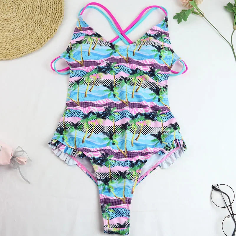 One Piece Swimsuit Swimwear Women Ruffled Double Cross Straps V-neck Coconut Tree Flower Print Bathing Suit Beachwear