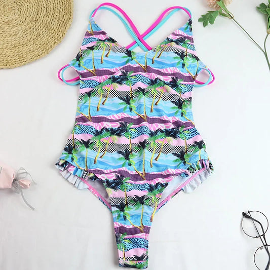 One Piece Swimsuit Swimwear Women Ruffled Double Cross Straps V-neck Coconut Tree Flower Print Bathing Suit Beachwear