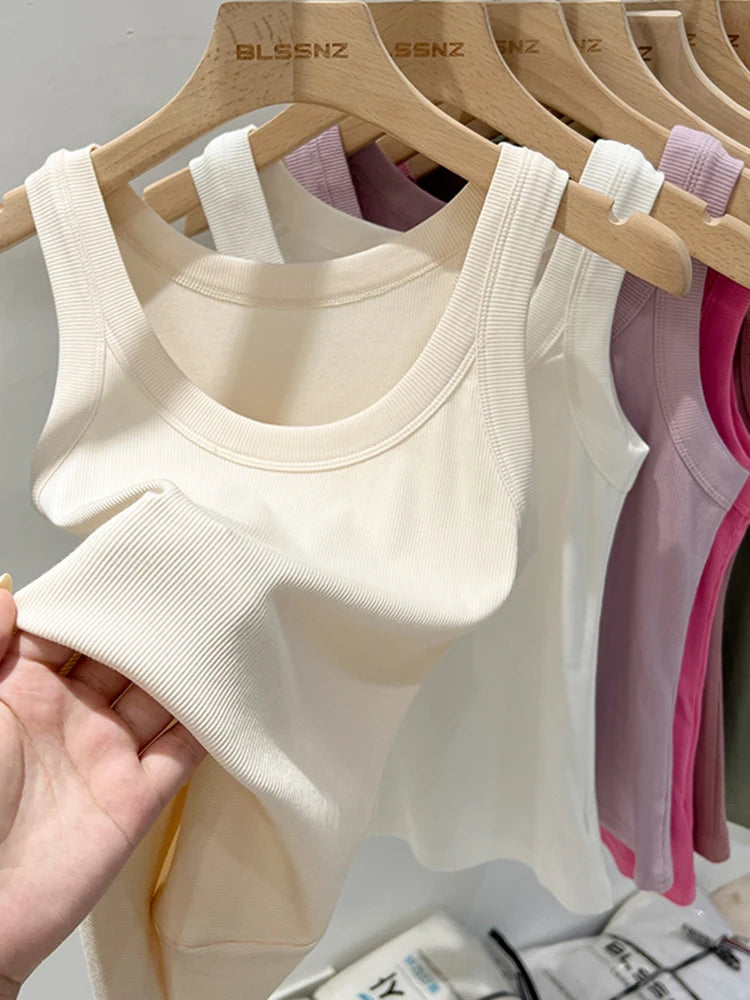 Women Solid Round Neck Ribbed Tank Top Camisole Women  Elastic Tank Top O Neck Solid Tank Top