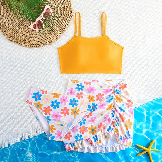 3 Pieces Floral Bikini Girls Swimsuit High Waist Kids Swimwear & Beach Skirt Pink Children Swimming Bathing Swim Suit