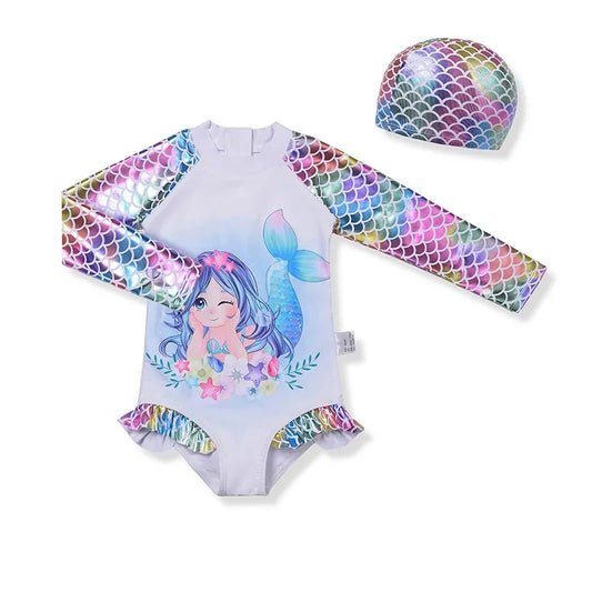 Children's Swimsuit Baby Girls Mermaid Long Sleeve One-Piece Swimsuit Princess Cartoon Girl Swimwear for Hot Spring