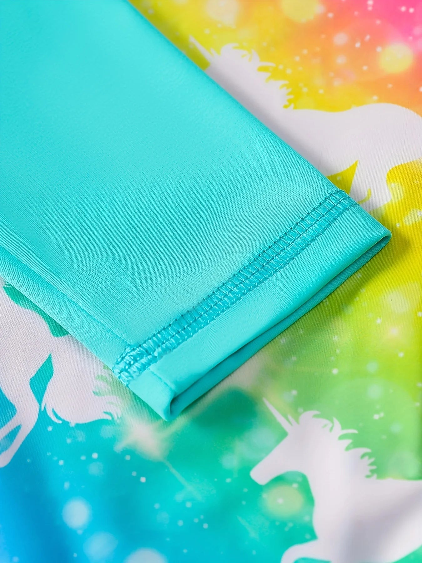 Girls Swimsuit, One-Piece Long Sleeve Swimwear, Rainbow Color with Horse Print, Beach Pool Style, Kids Swim Rash Guard, Summer