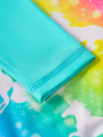 Girls Swimsuit, One-Piece Long Sleeve Swimwear, Rainbow Color with Horse Print, Beach Pool Style, Kids Swim Rash Guard, Summer