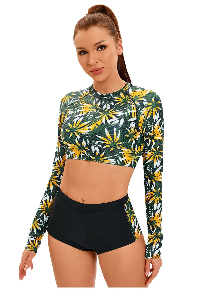 Womems Swimsuits Long Sleeve Two Piece Rash Guard UV Protection Crop Top Bathing Suits for Teen Girls