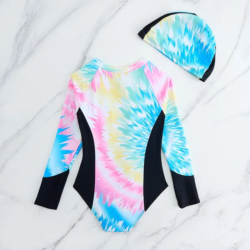 Long Sleeve Girls One Piece Swimsuit 7-12 Year Kids Swim Suit Children's Swimwear 2025 Patchwork Surf Bathing Suits Cap