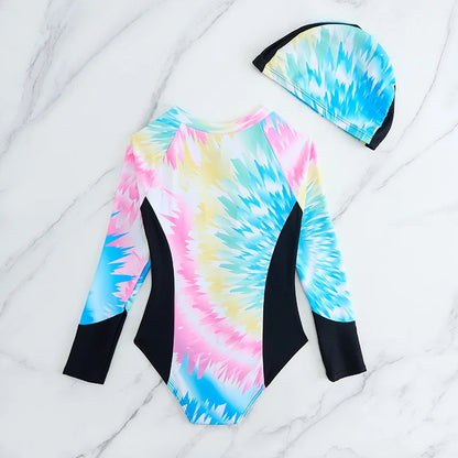 Long Sleeve Girls One Piece Swimsuit 7-12 Year Kids Swim Suit Children's Swimwear 2025 Patchwork Surf Bathing Suits Cap