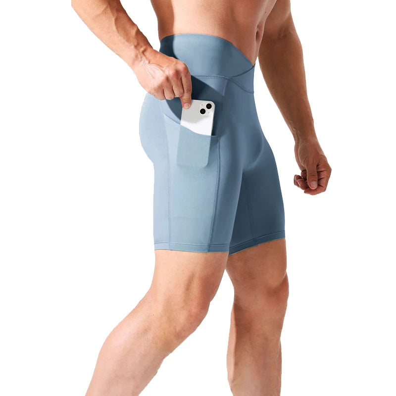 Running Shorts Pants Pockets Men's High Waist Elastic Running Tights Cycling Fitness Yoga Quick Drying External Wear Marathon