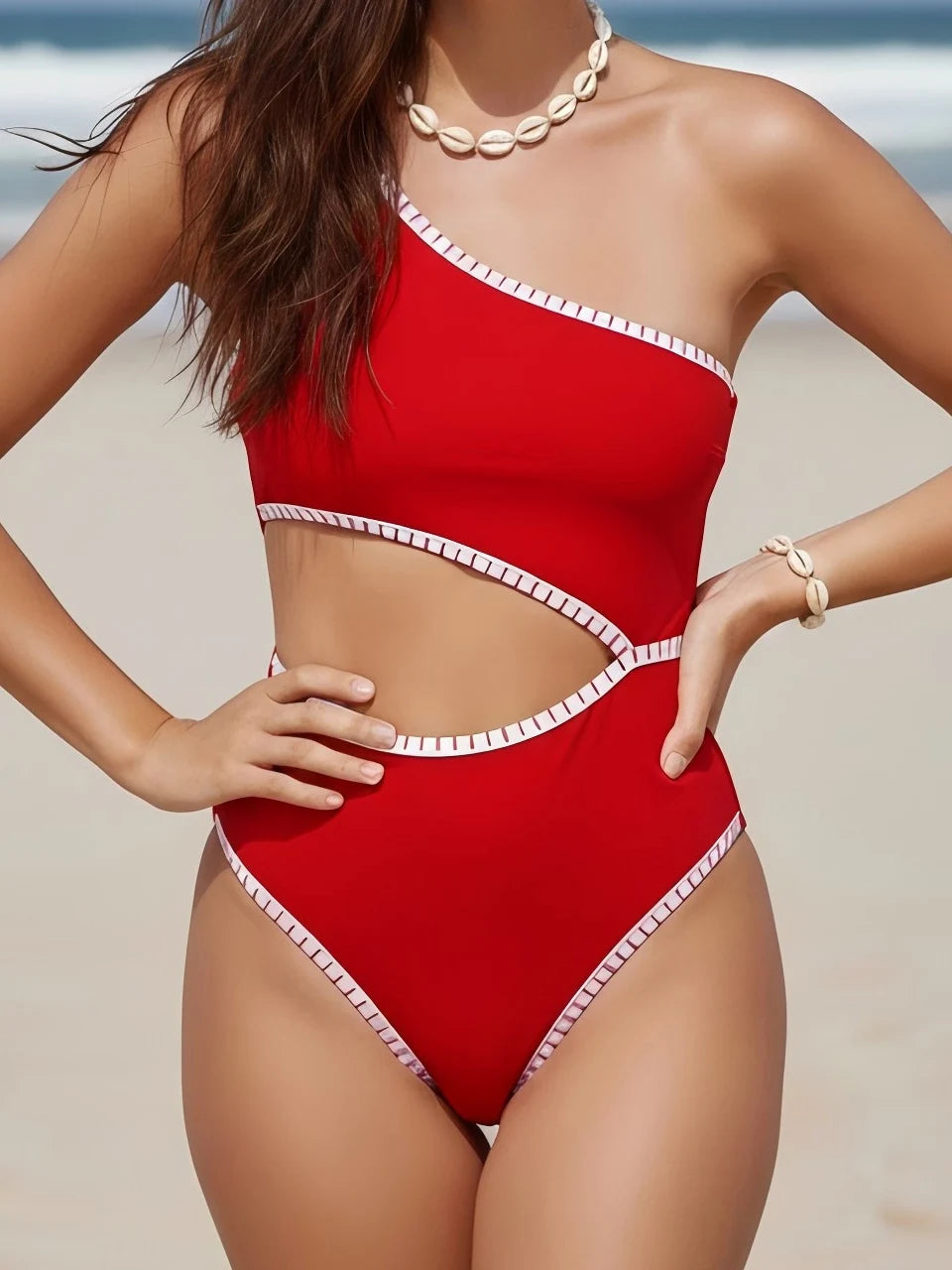 One Shoulder One Piece Stitch Detail Swimsuit Women Hollow Swimwear Female Bathers Bathing Swimming Suit Beachwear