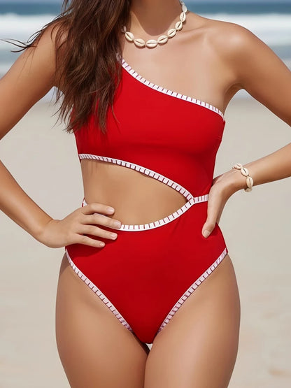 One Shoulder One Piece Stitch Detail Swimsuit Women Hollow Swimwear Female Bathers Bathing Swimming Suit Beachwear