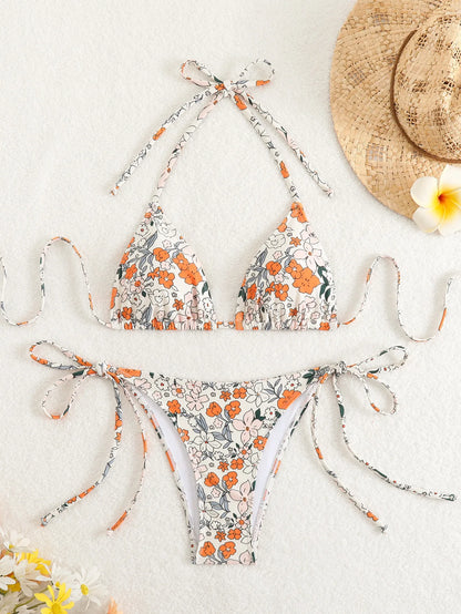 Tie Dye Gradient Mini Bikini Women Halter Push Up Bra Tie Side Thong Swimsuit Beach Pool Holiday Bathing Suit Swimwear