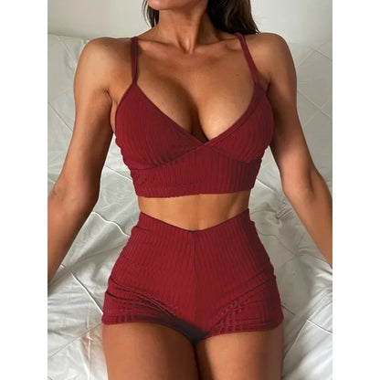 Ribbed Shorts Female Swimsuit High Waist Bikini Women Swimwear Two-pieces Bikini Set Bather Bathing Suit Swim Lady