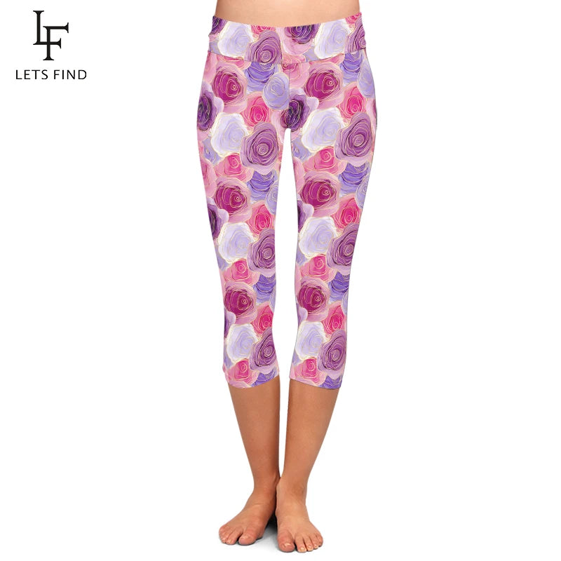 Floral Print High Waist Women Capri Legging Fitness Stretch Slim Mid-Calf 3/4 Leggings