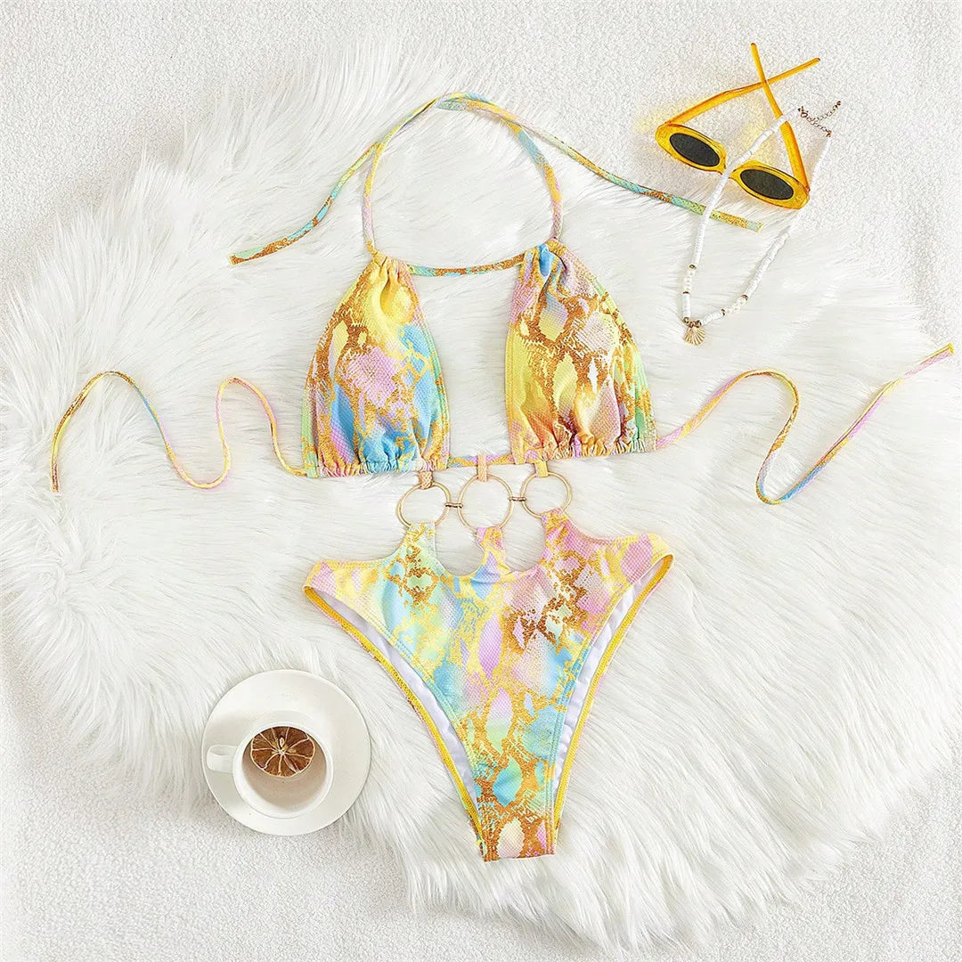 S - XL Printed Halter Metal Rings One Piece Bikini Style Swimsuit Women Swimwear Female Monokini High Leg Cut Bather Bathing Suit Swim