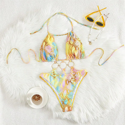 S - XL Printed Halter Metal Rings One Piece Bikini Style Swimsuit Women Swimwear Female Monokini High Leg Cut Bather Bathing Suit Swim