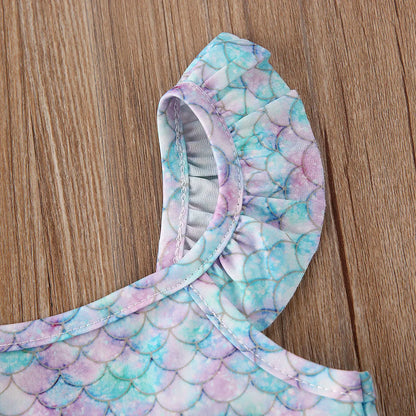 Baby Girls Mermaid Swimwear Fish Scale  Swimsuits Ruffled Sleeveless Bathing Suit with Tutu Skirt