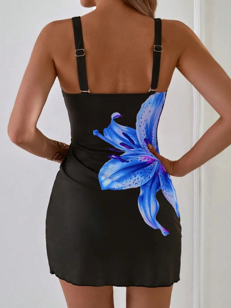 Vintage Black Flower Print Tankini Set Women Drawstring Dress High Waist Shorts 2 Piece Swimsuit Bathing Suit Swimwear XXL