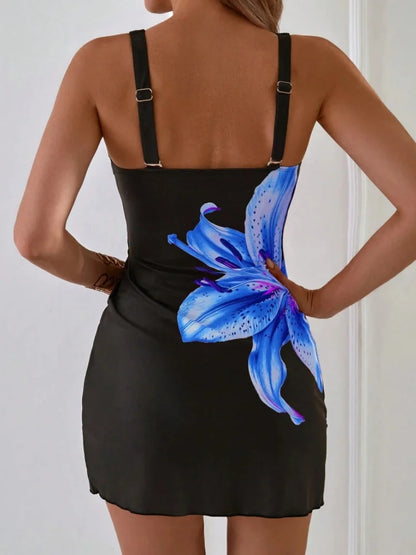 Vintage Black Flower Print Tankini Set Women Drawstring Dress High Waist Shorts 2 Piece Swimsuit Bathing Suit Swimwear XXL