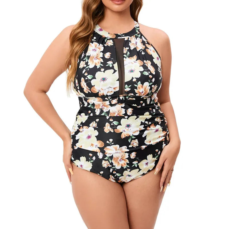 Plus Size One Piece Women's Large Size Swimsuit Vintage Printed Tummy Control Bathing Suit Push Up Monokinis Swimwear