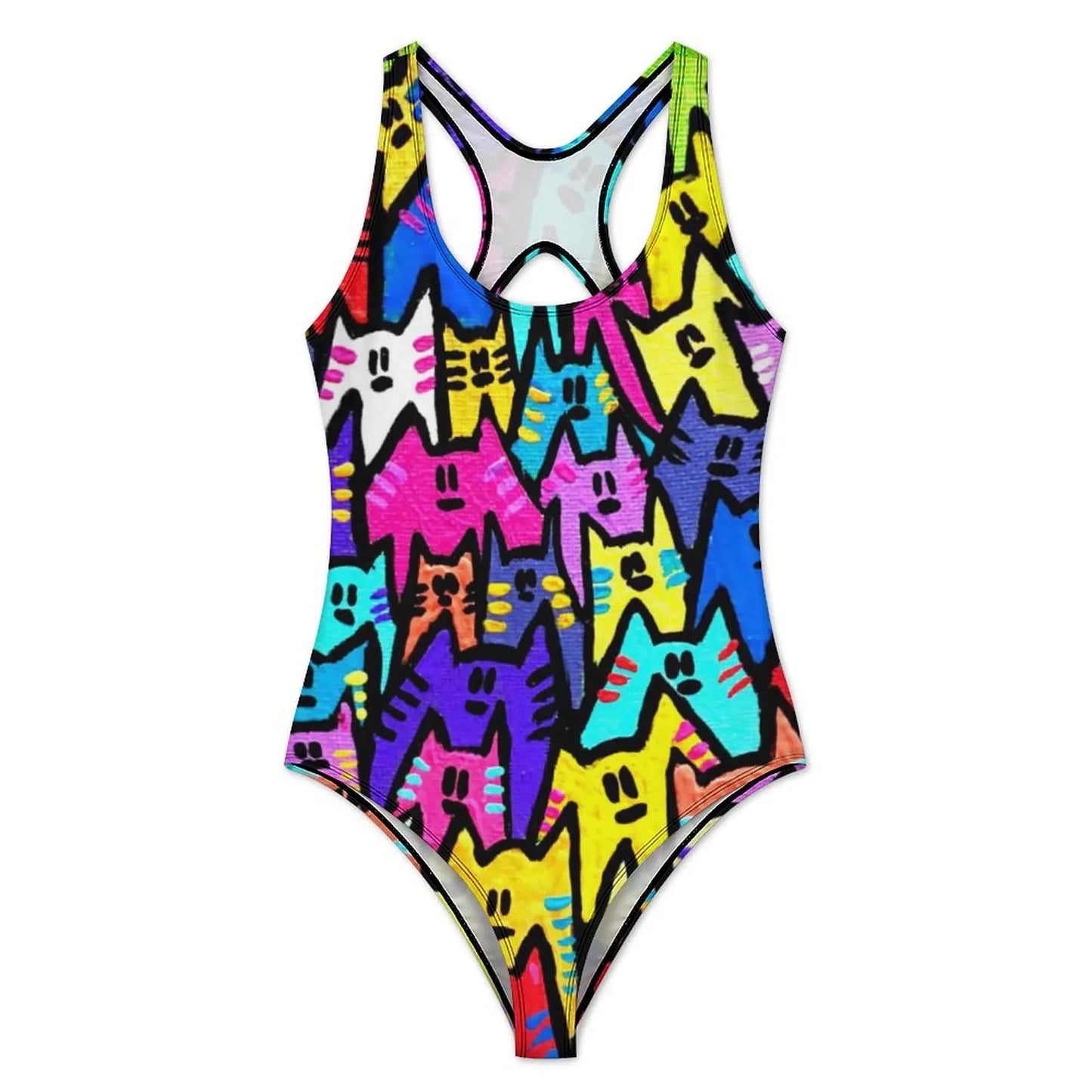 Funny Cat Swimsuit Colorful Cats Pop Art Swimwear One-Piece Fitness Bodysuit Cut Out Bathing Suits Ladies Push Up Beachwear