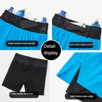 Double-deck Outdoor Marathon Basketball Running Men's Gym Fitness Run Shorts Quick Drying Pocket Training Jogging Workout Shorts