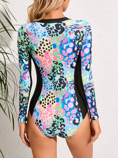 Colourful Print Surfing Zipper Swimsuit One Piece Long Sleeve Bathing Swimming Swim Suit Women Print Swimwear Women Rashguard Diving