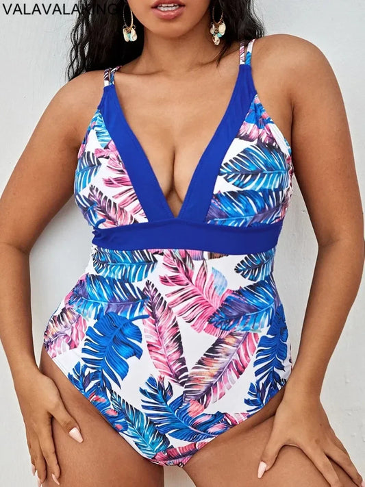 Blue & Pink Print Plus Size Swimwear Women V Neck Large Big One Piece Swimsuit Curvy Back Cross Bathing Suit