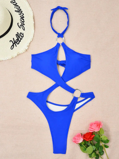 Tummy Cut Out Halter Women Thong Swimwear One Piece Swimsuit Female High Cut Monokini Rings Bathing Suit Swim Beach Wear