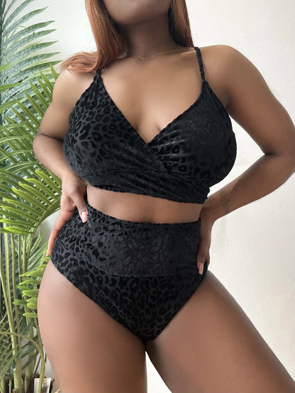 Large Leopard Print Swimwear Women Plus Size Lace Up Separate Swimsuit 2 Piece High Waist Bikini Set Bathing Suit