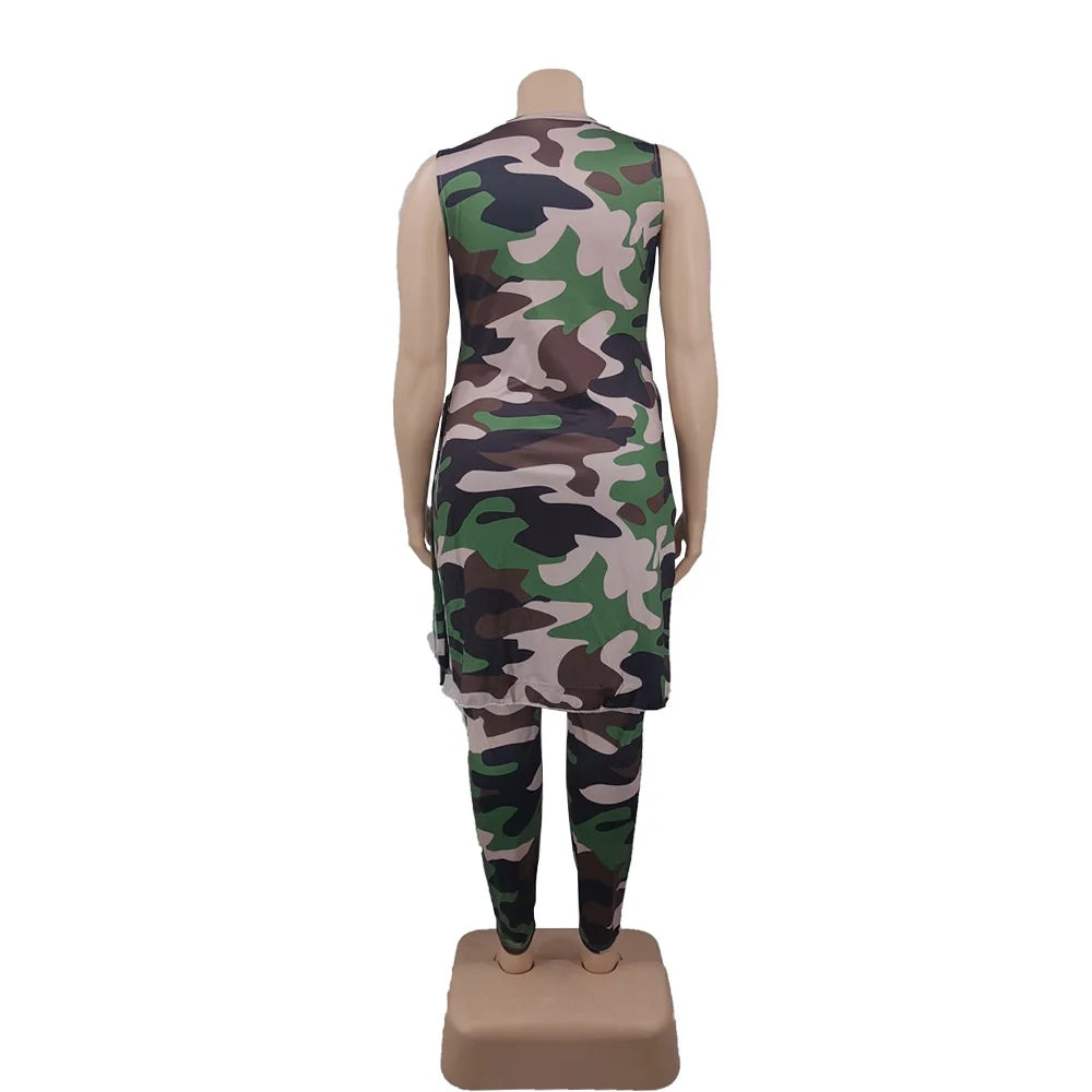 Camouflage Plus Size Women Clothing Two Piece Outfits Sleeveless Round Neck Bandage Crop Tops Pants Sets