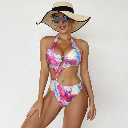 Print Tied Halter Swimwear Women Hollow Push Up One Piece Swimsuit Monokini Backless Beach Bathing Suit