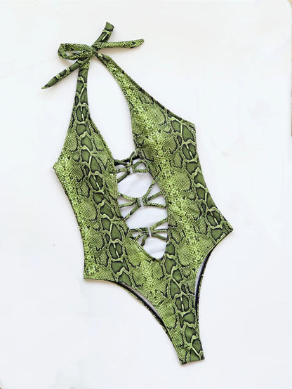 Women's Swimsuits Snake Skin Printed Monokini Women Swimwear One Piece Swimsuit Female Tummy Cut Out Bathing Suit Swim Lady