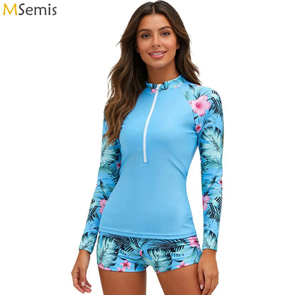 Women's Rash Guard Swimsuit Two Pieces Swimwear Floral Print Long Sleeve Half Zipper Top with Short Bathing Suit Swim Outfit