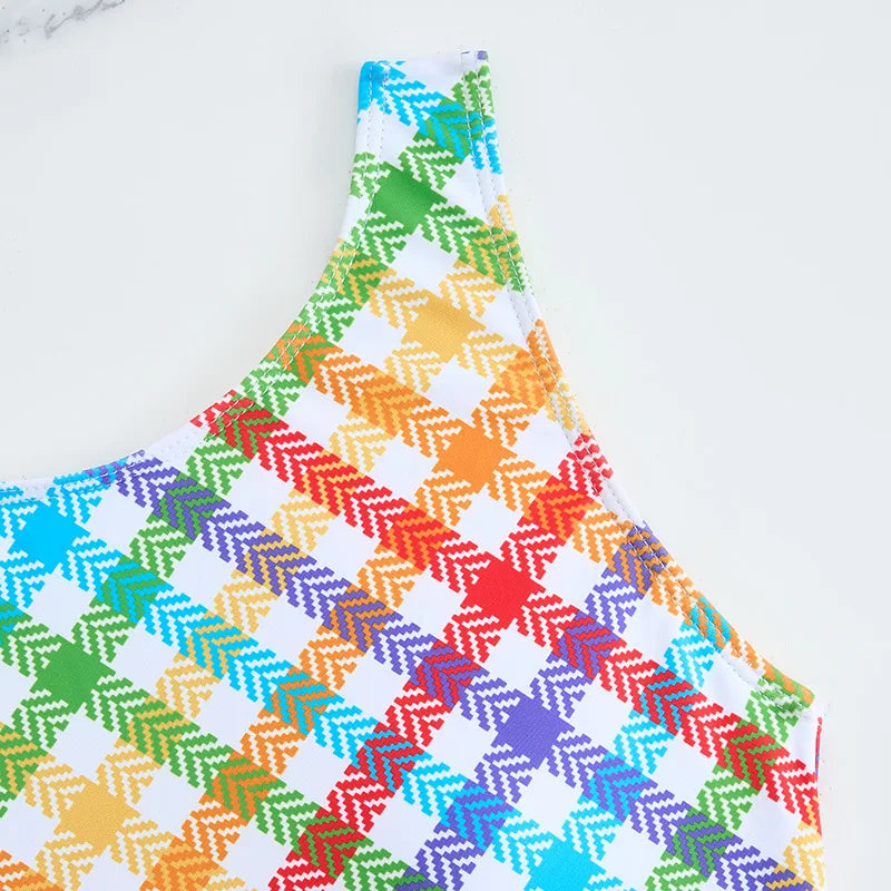 Girls Swimsuit One Piece Rainbow Plaid Kids Swimwear Children's Bathers Bathing Swimming Swim Suit Summer Beachwear