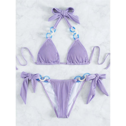 Halter Shiny Ring Ribbed Bikini Female Swimsuit Women Swimwear Two-pieces Bikini set Brazilian Bather Bathing Suit Swim