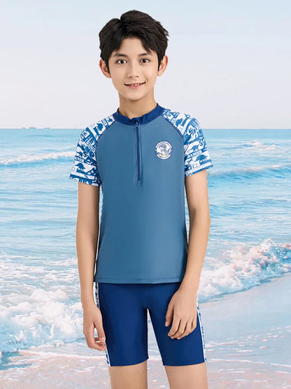 Summer Swimming Suit For Kids Boy Swim Sets Children Swimwear Short Sleeve Swimsuit Split Two Piece Beachwear Fast Dry Trunks