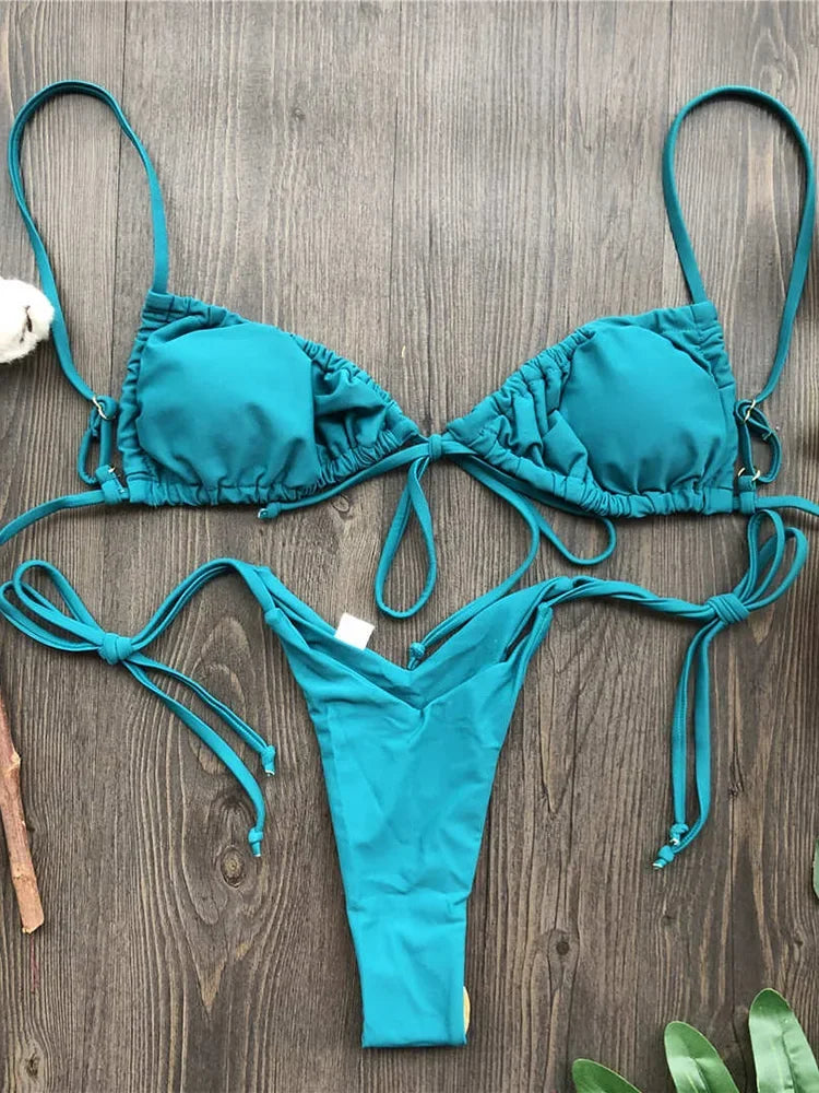 Ruffle Frilled Micro Thong Bikini Women Swimwear Female Swimsuit Two-pieces Bikini set String Bather Bathing Suit Swim