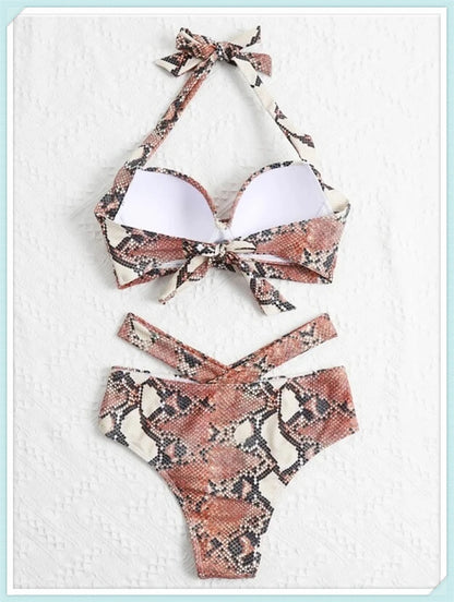 Halter High Waist Bikini Women Tie Dye Swimsuit Push Up Swimwear Female Printed Bathing Suit Lace Up Back Beachwear