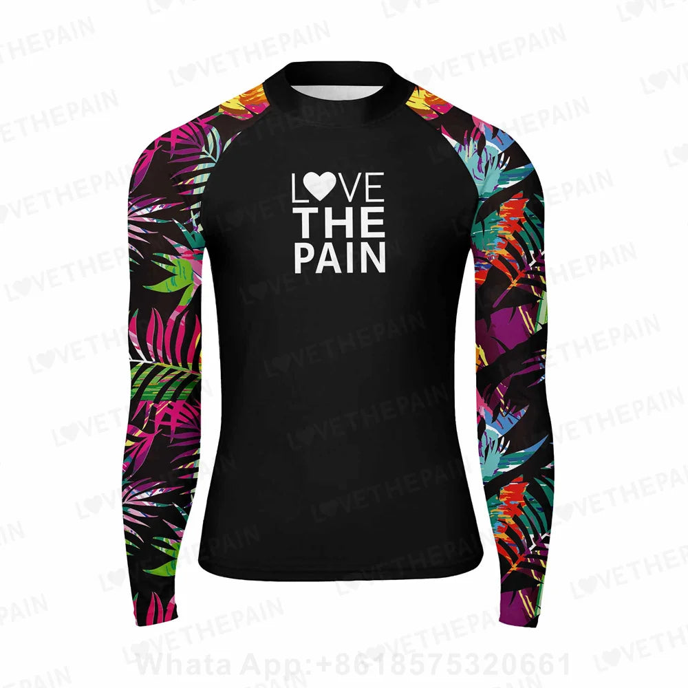 Love The Pain Men Surf Swimming Tshirt Swimsuit Beach UV Protection Rash Guard Diving Suit Long Sleeve Surfing Clothes Rashguard